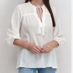 Avec Les Filles NWT Women's White Cotton Blouse with Tassel Tie Size Medium